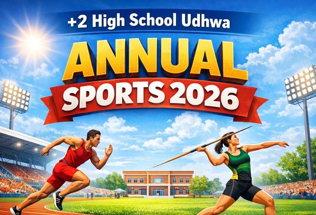 Banner for +2 High School Udhwa Annual Sports 2026 showing a sprinter and a javelin thrower