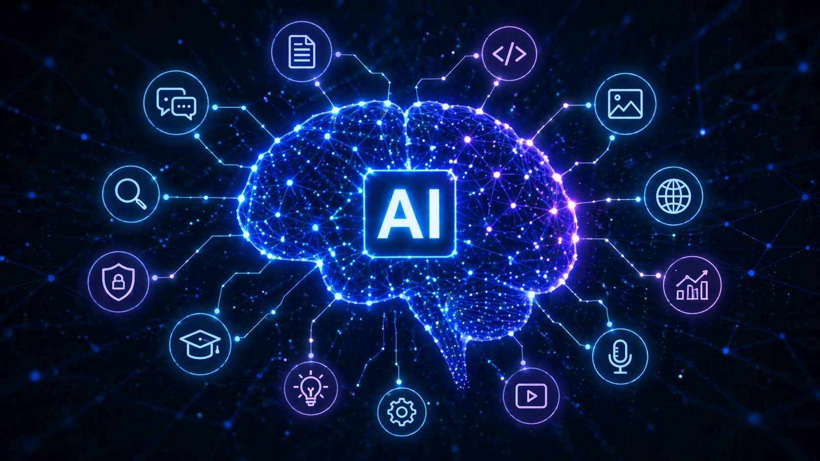 Abstract AI brain network with glowing connections representing artificial intelligence tools