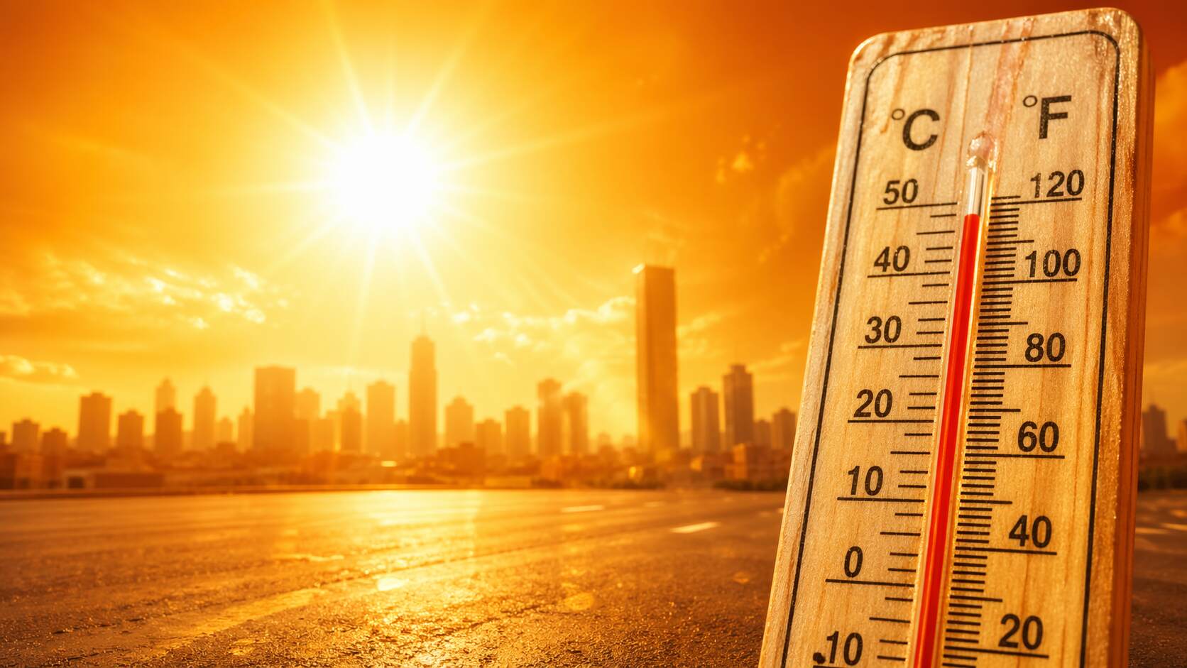 Intense sun and heatwave conditions with thermometer showing high temperature