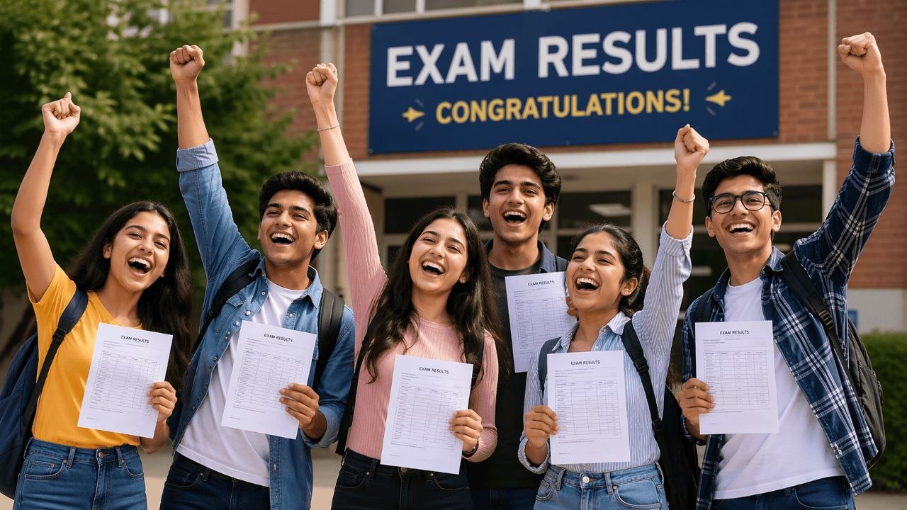 Students celebrating exam results with raised hands and joyful expressions